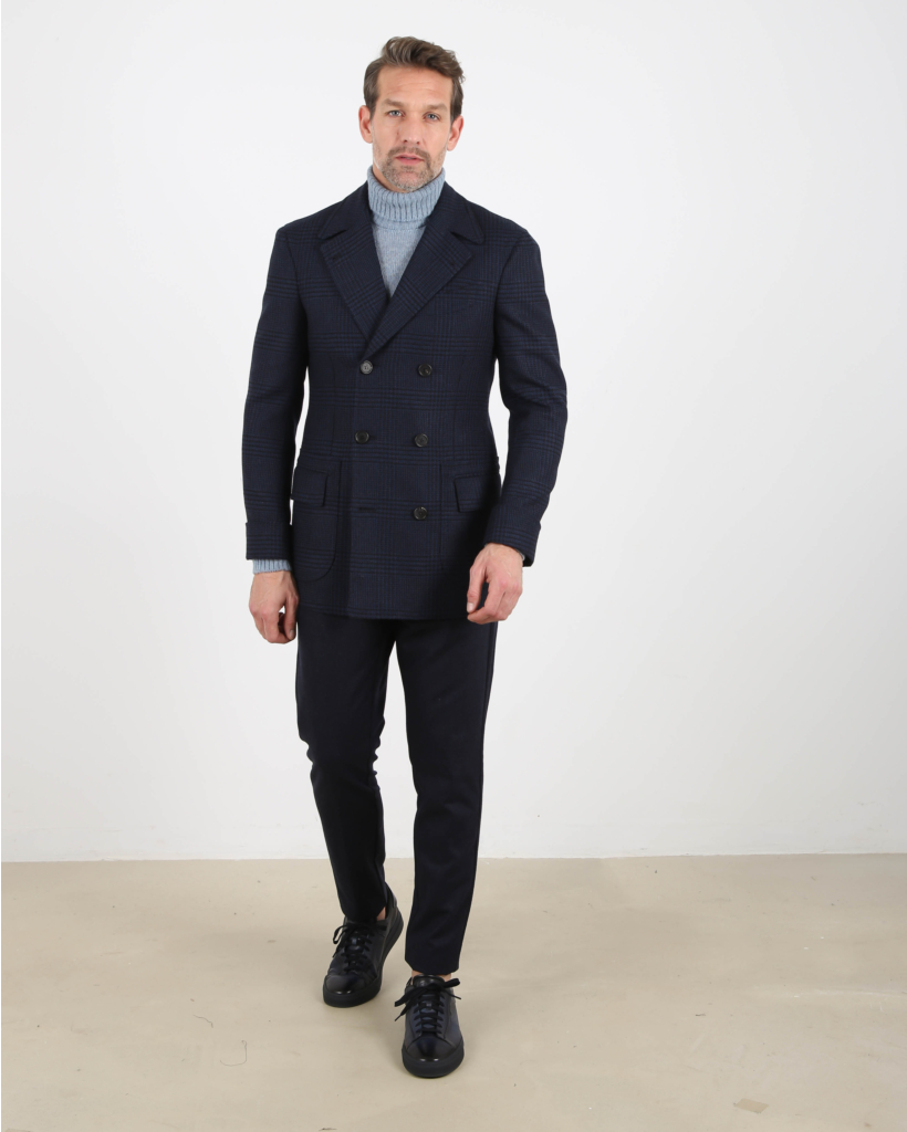 double-breasted blue check jacket