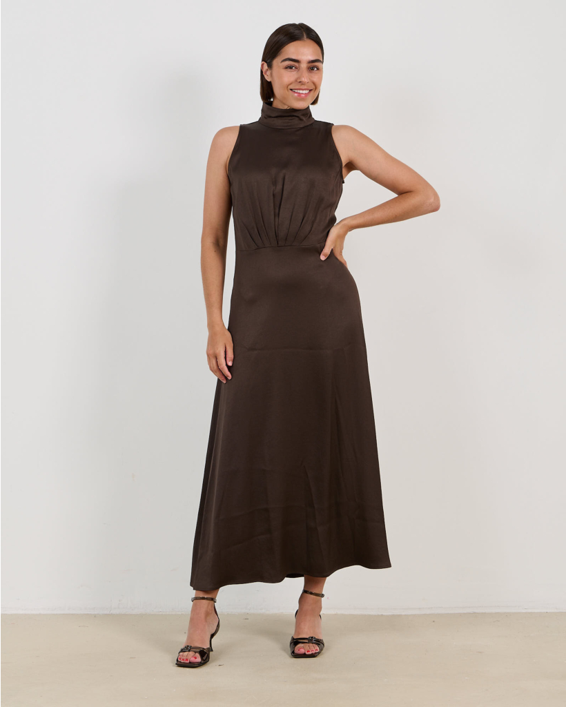 Amabel Brown Satin Maxi Dress