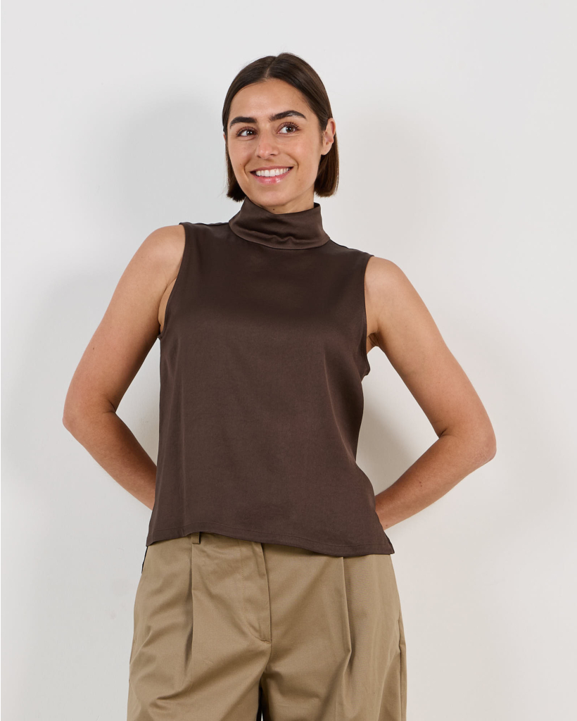Halira Sleeveless Satin Top with Stand-Up Collar Brown
