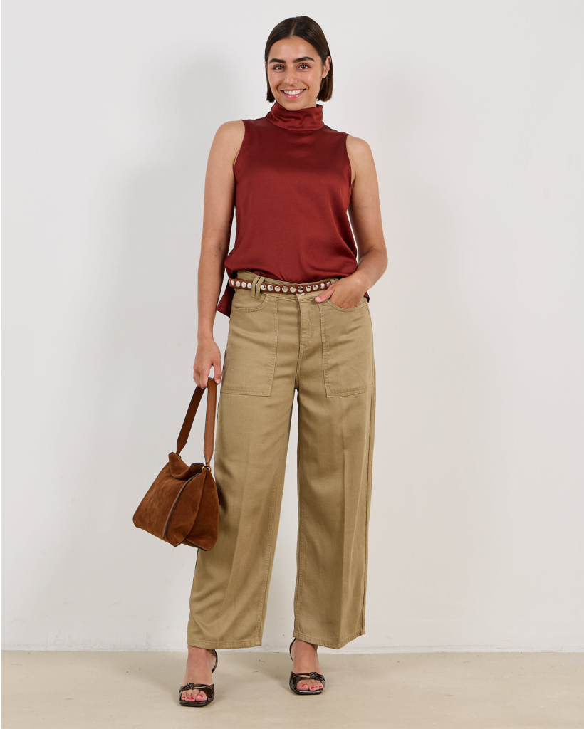 Halira Sleeveless Satin Top with Stand-Up Collar Red