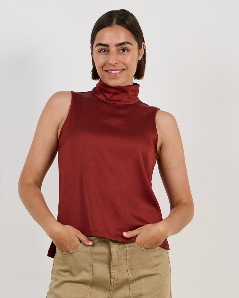 Halira Sleeveless Satin Top with Stand-Up Collar Red