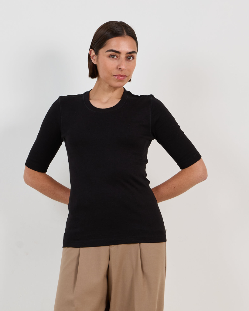 Fitted Ribbed Jersey T-Shirt with Stretch - Black