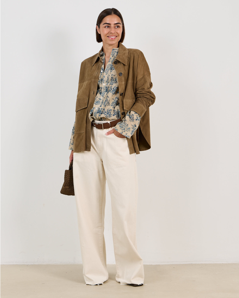 Pleated Blouse with Floral Print in Ecru/Blue