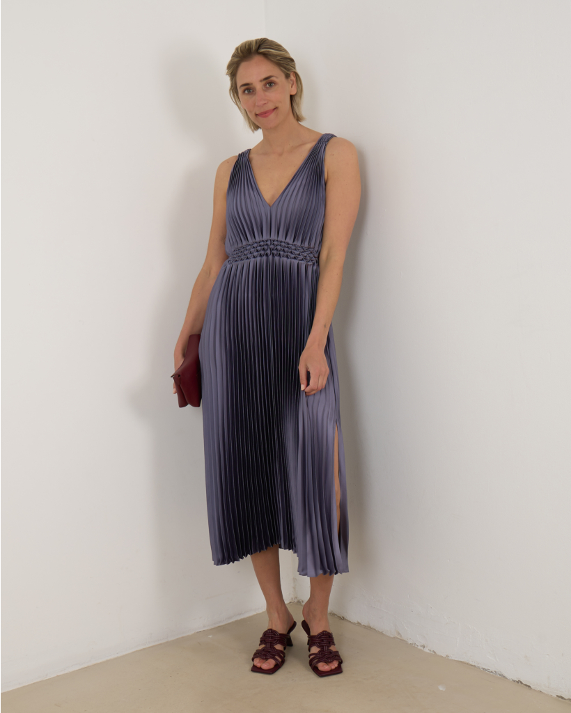 Hand-Smocked Pleated Satin Dress Blue