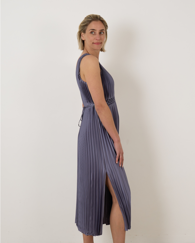 Hand-Smocked Pleated Satin Dress Blue