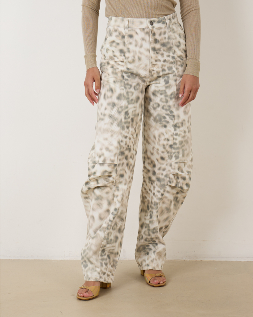 Printed Denim Cargo Pants Snow Leopard