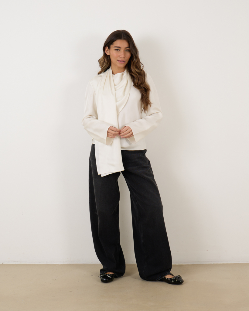 Long Sleeve Silk Foulard Top Cream