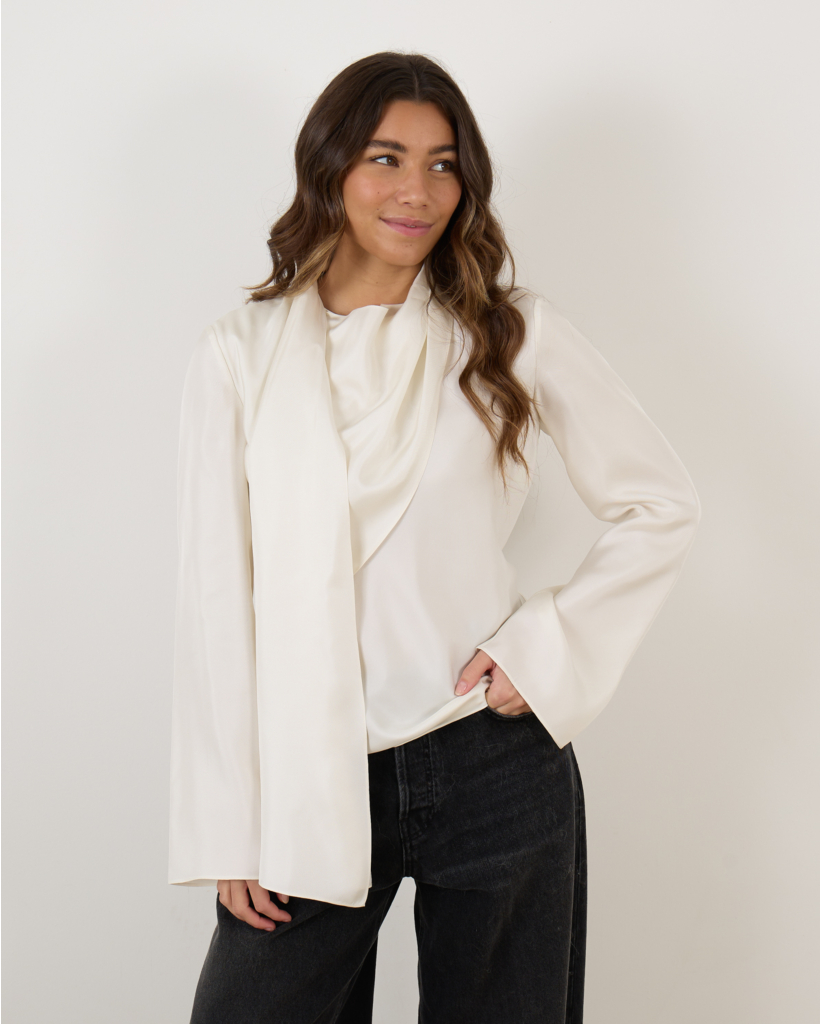 Long Sleeve Silk Foulard Top Cream