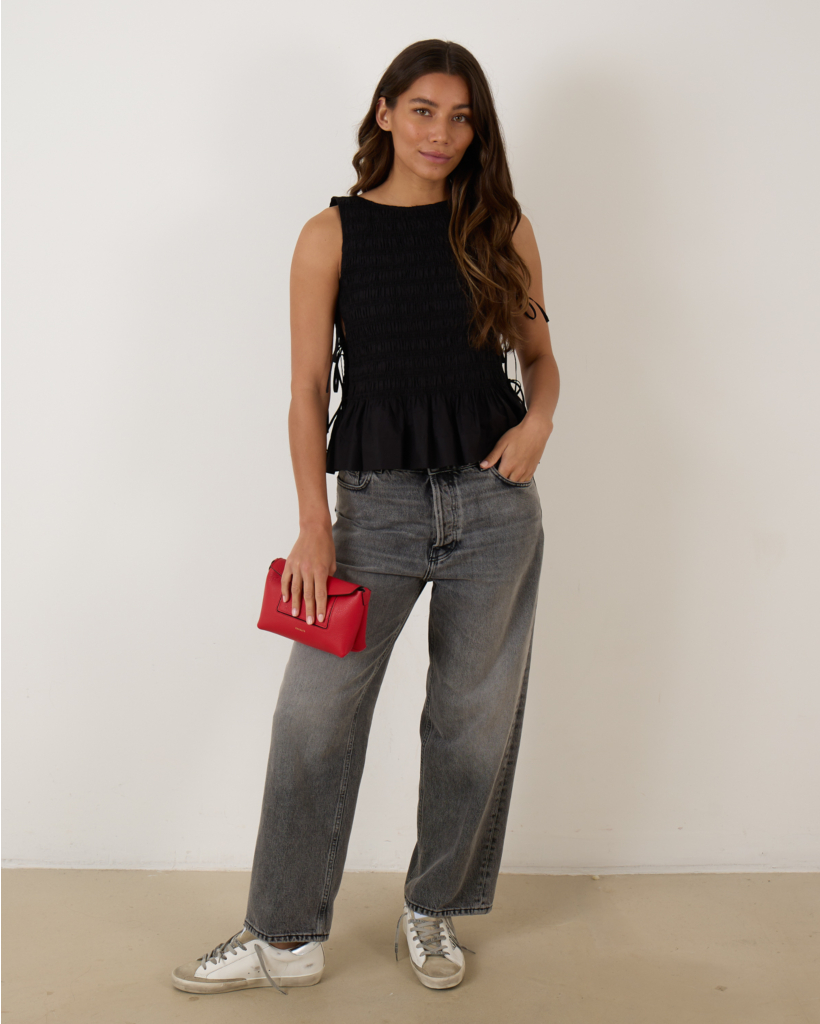 Black Cotton Smock Tie Top