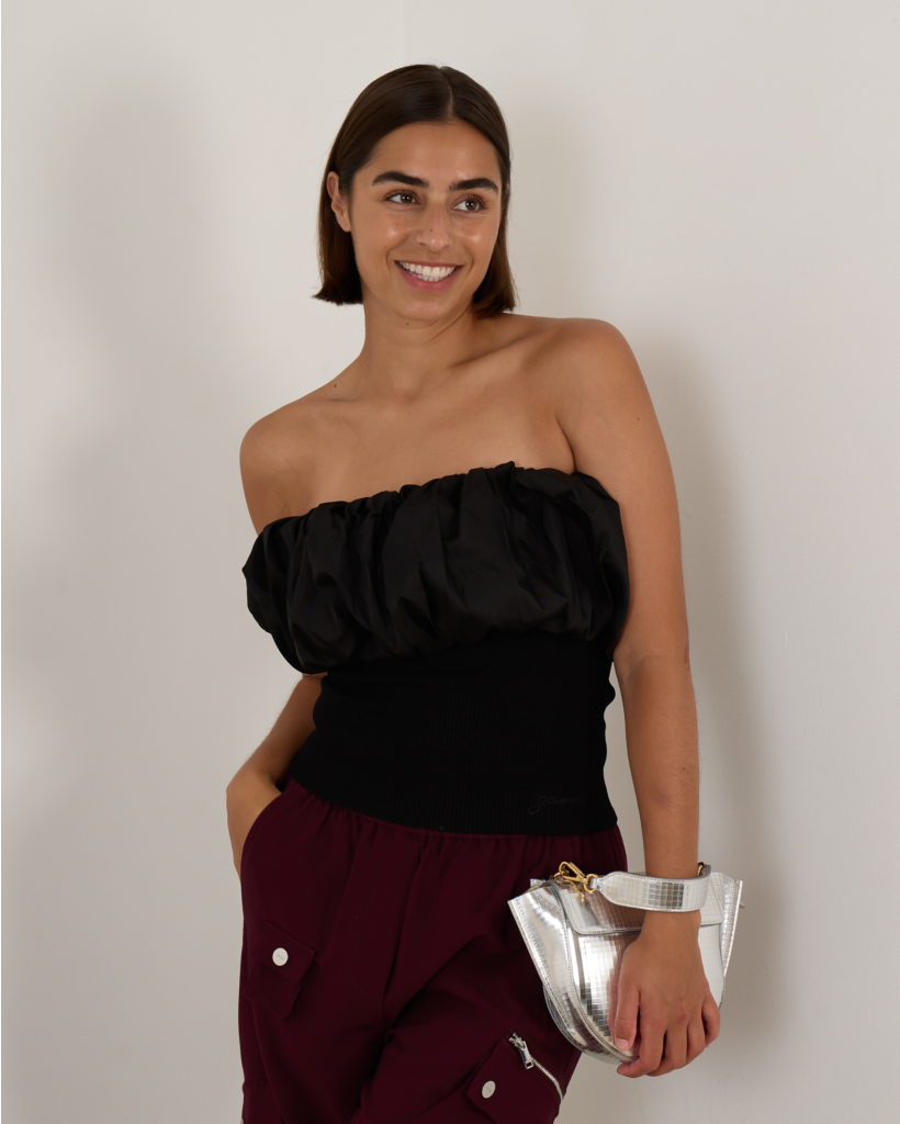 Black Top with Puff Detail and Ribbed Structure