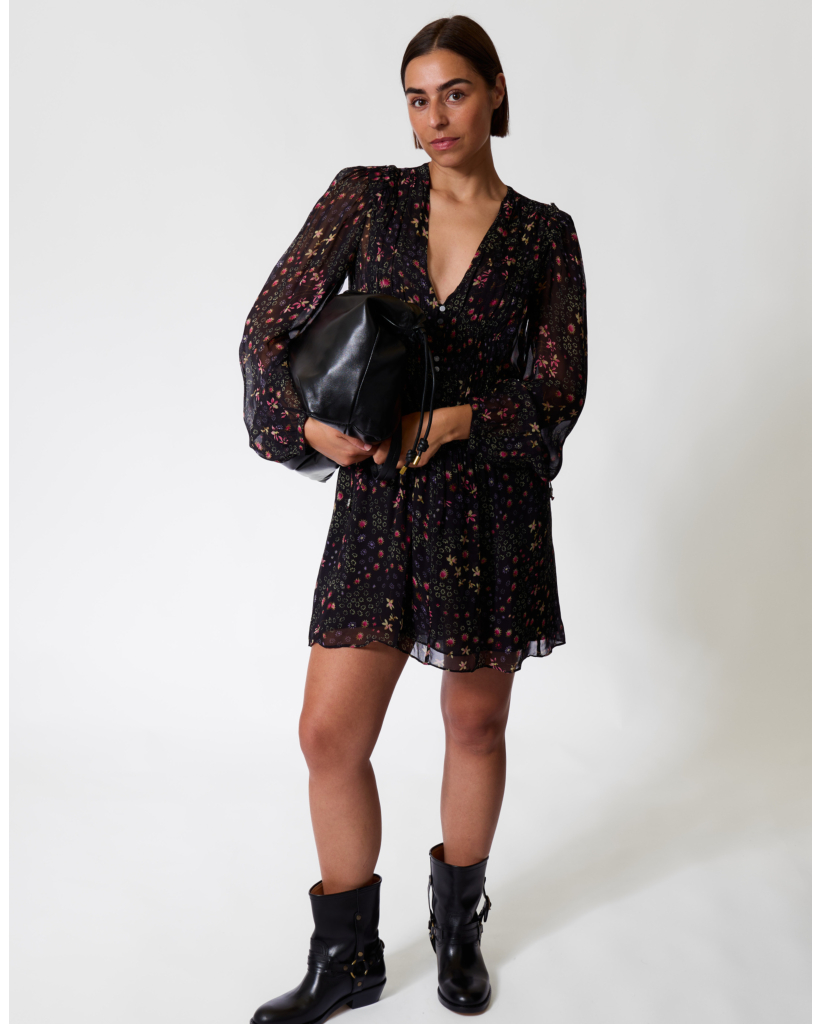 Florel Short Dress with Floral Print Black/Ecru