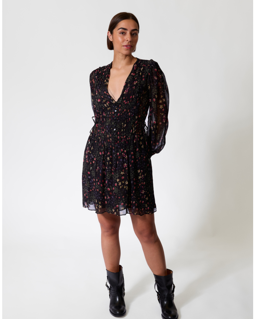 Florel Short Dress with Floral Print Black/Ecru