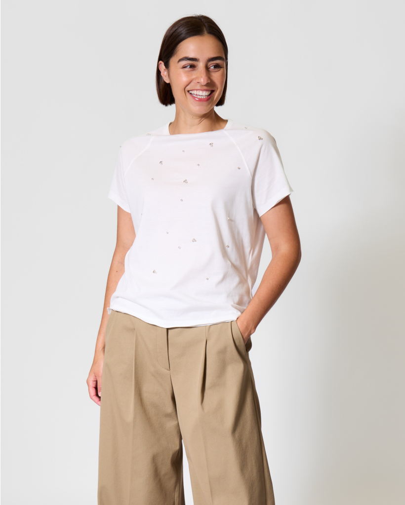 Off-White T-shirt with Rhinestones