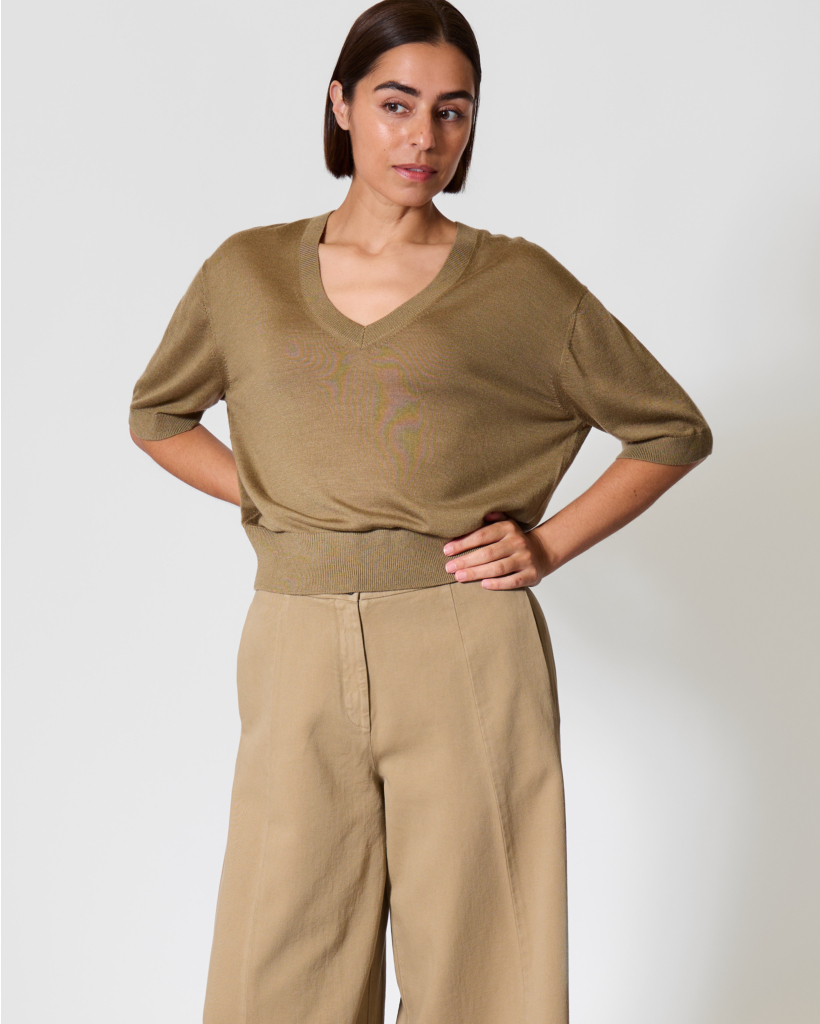 Wool-Blend V-Neck Sweater Three-Quarter Sleeve Sage