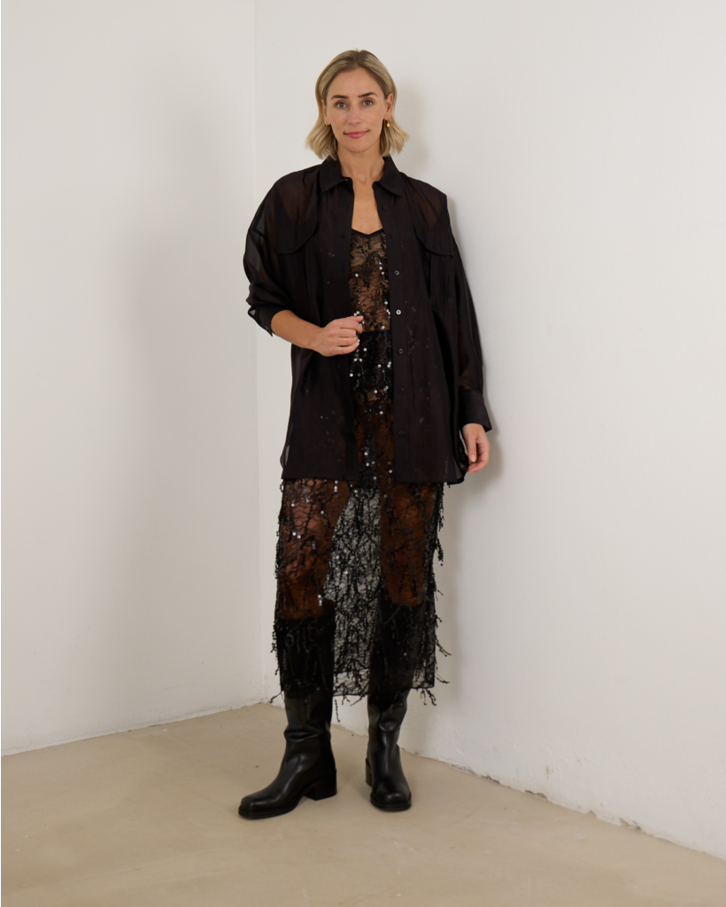 Midi Skirt Sequin Sheer Black