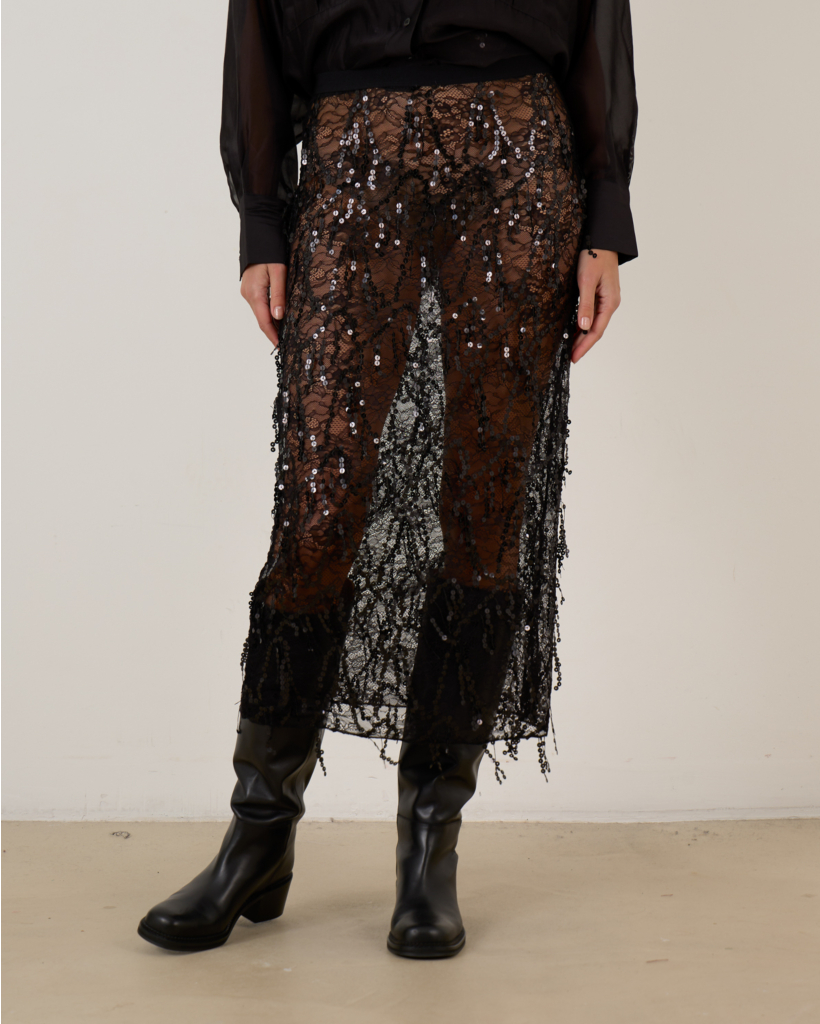Midi Skirt Sequin Sheer Black