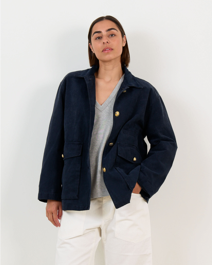 Devin Jacket with Corduroy Collar and Gold Button in Midnight