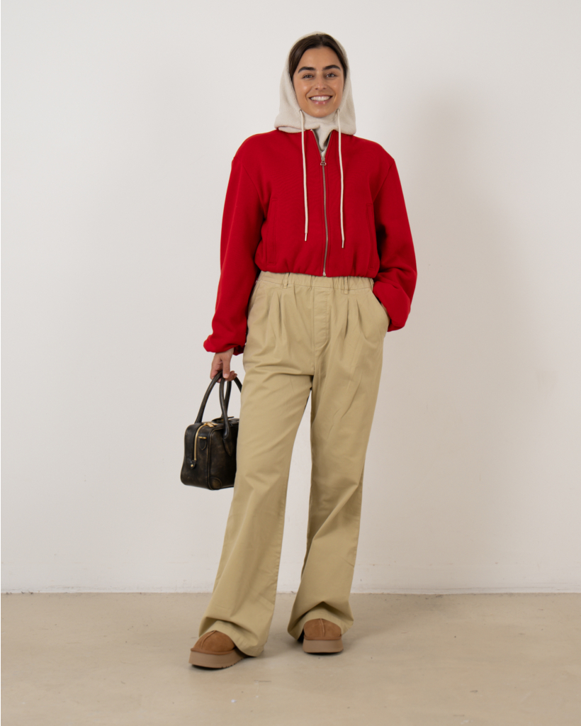 Bomber cardigan with red print