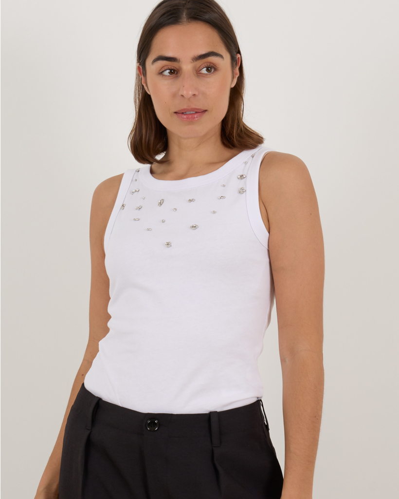 Joline Sleeveless Top with Rhinestones - White