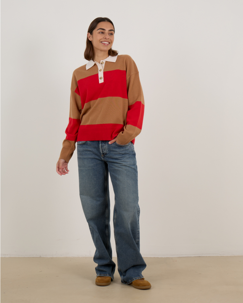 Braxton Wool Polo Sweater Striped Red and Brown