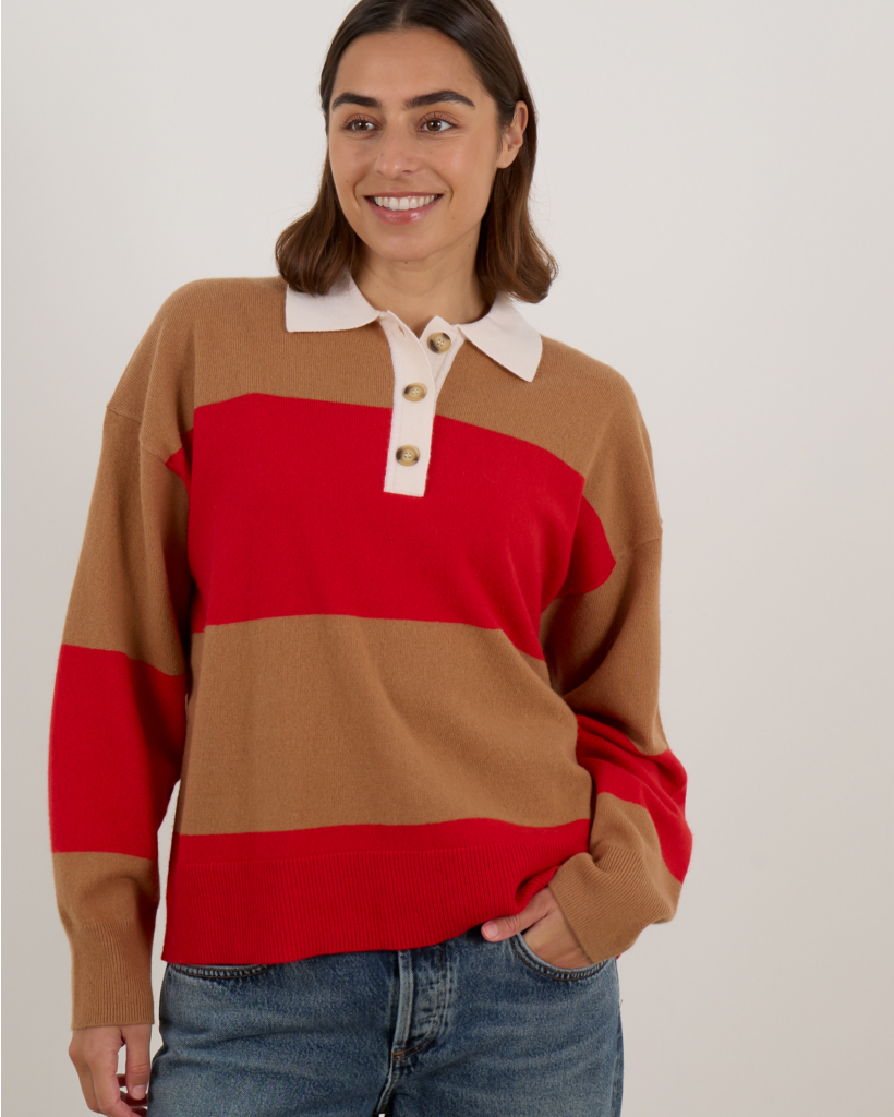 Braxton Wool Polo Sweater Striped Red and Brown