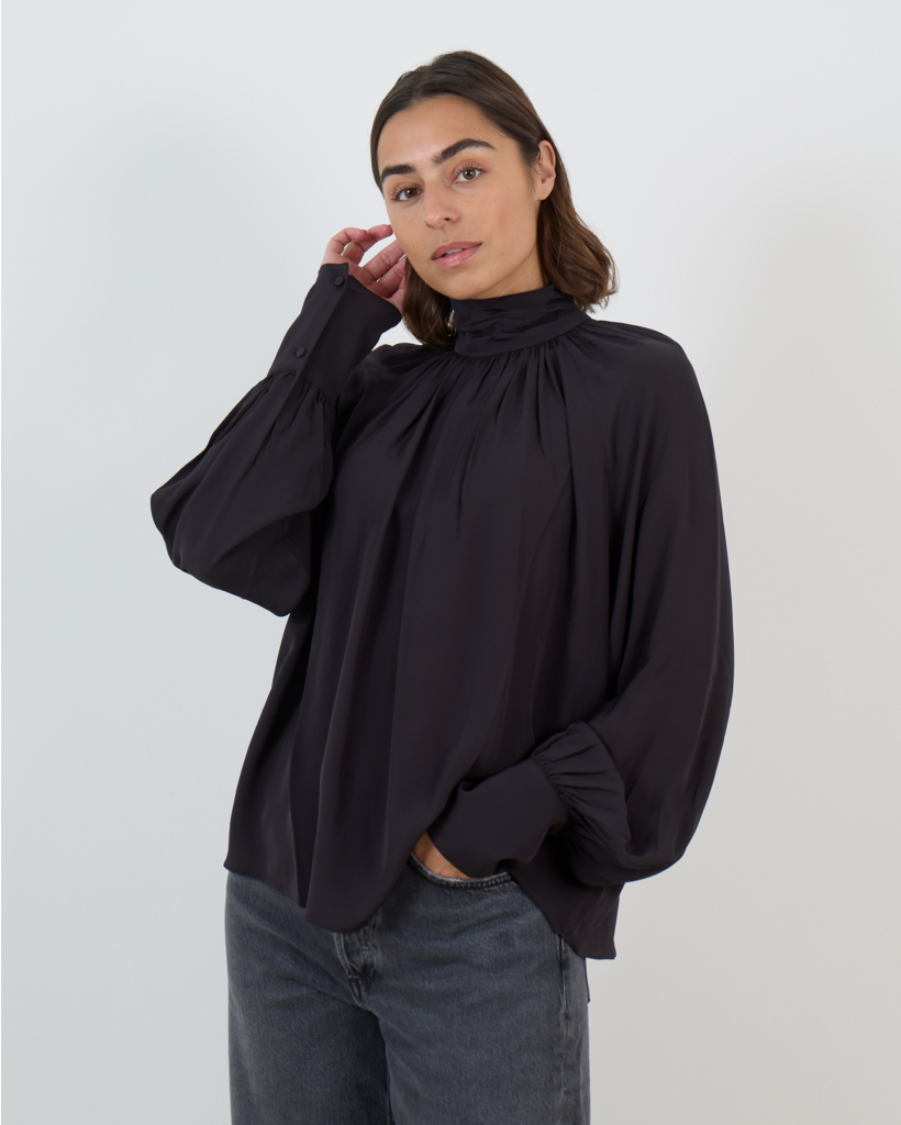 Black Draped Turtleneck Blouse