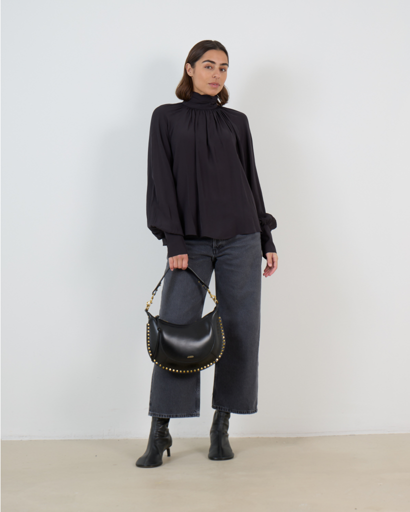 Black Draped Turtleneck Blouse