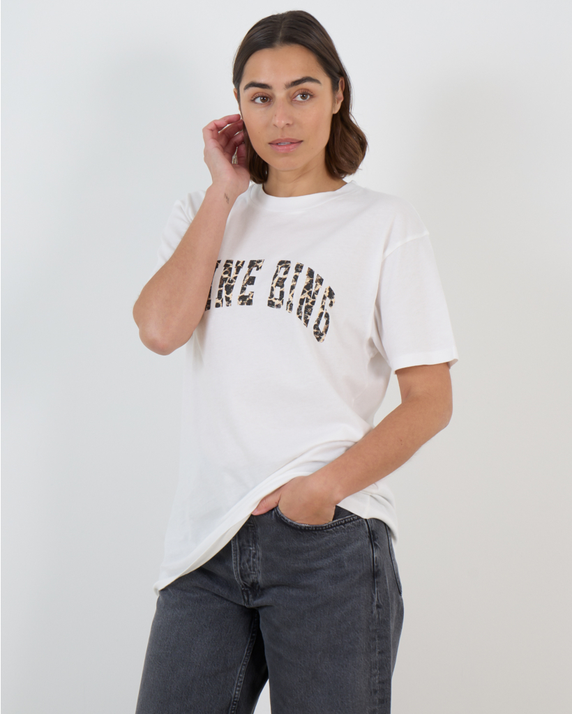 White T-shirt with Leopard-Print Logo