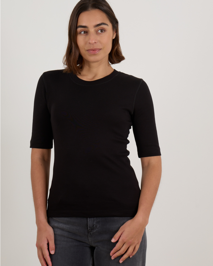 Fitted Ribbed Jersey T-Shirt with Stretch - Black