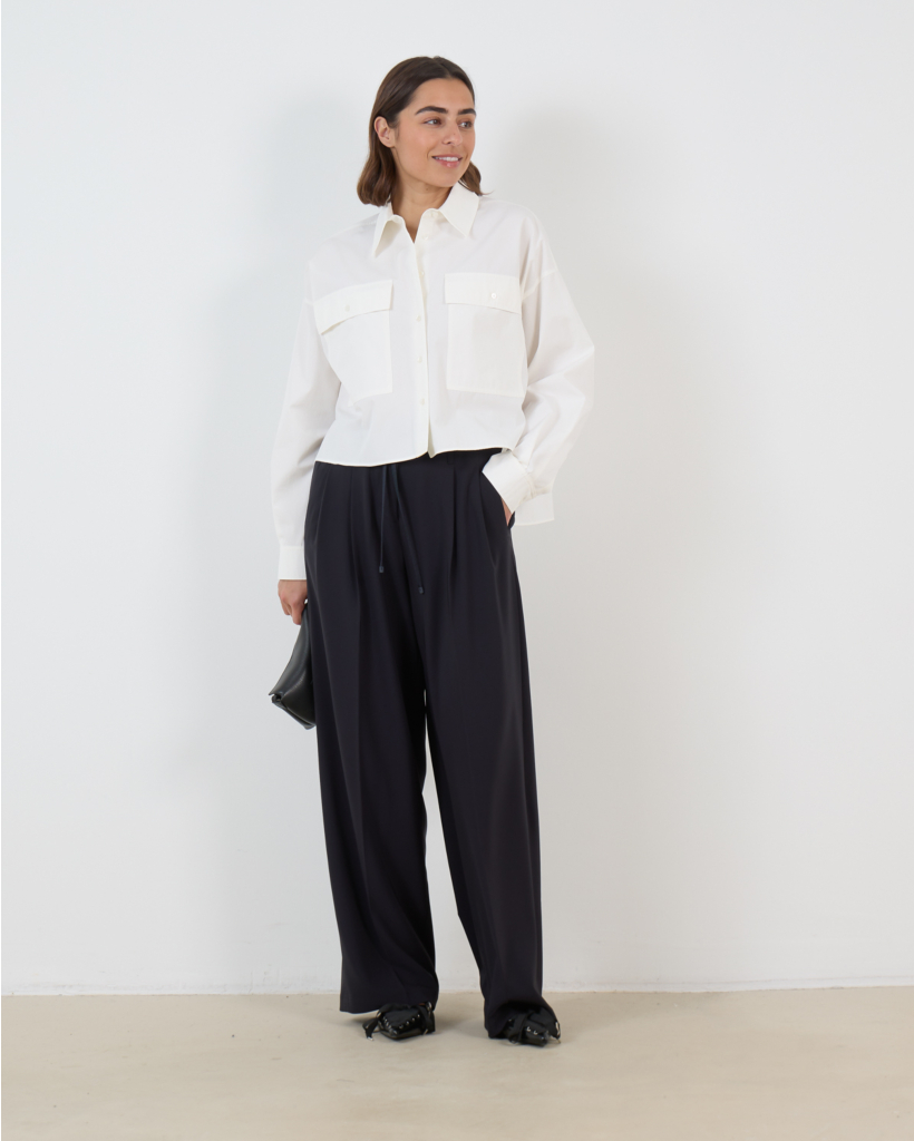 Addison Wide-Leg Pleated Trousers with Drawstring - Navy