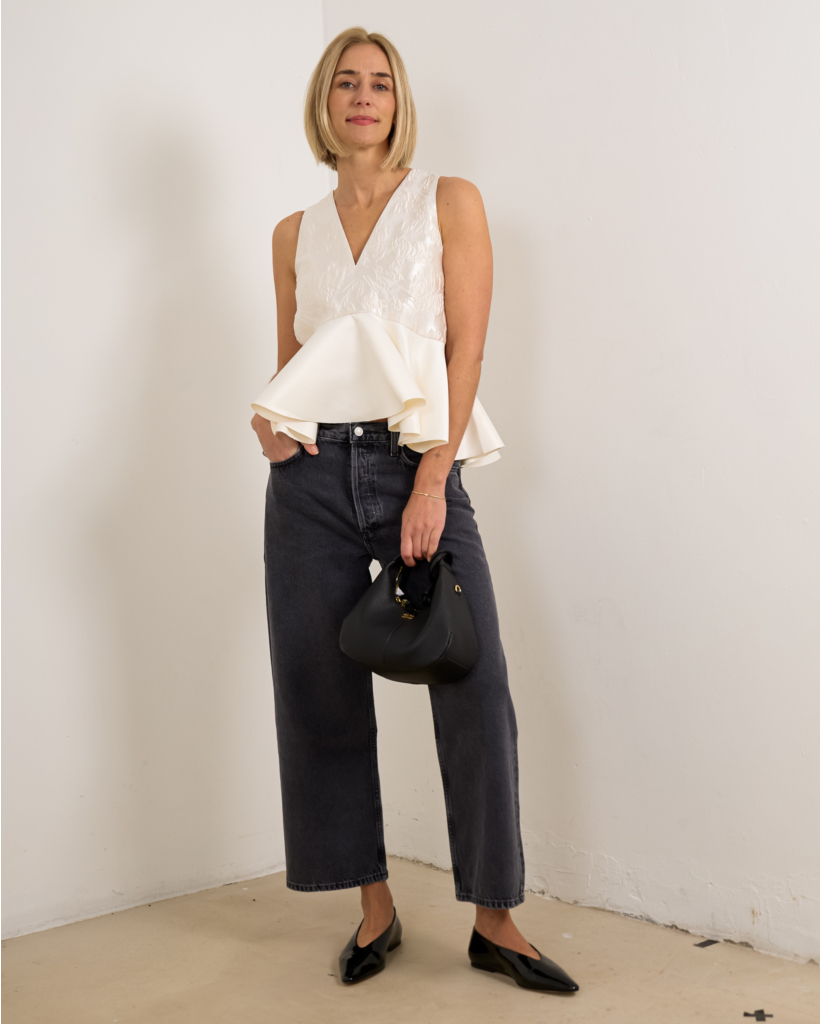 White Satin Cloque Peplum Top