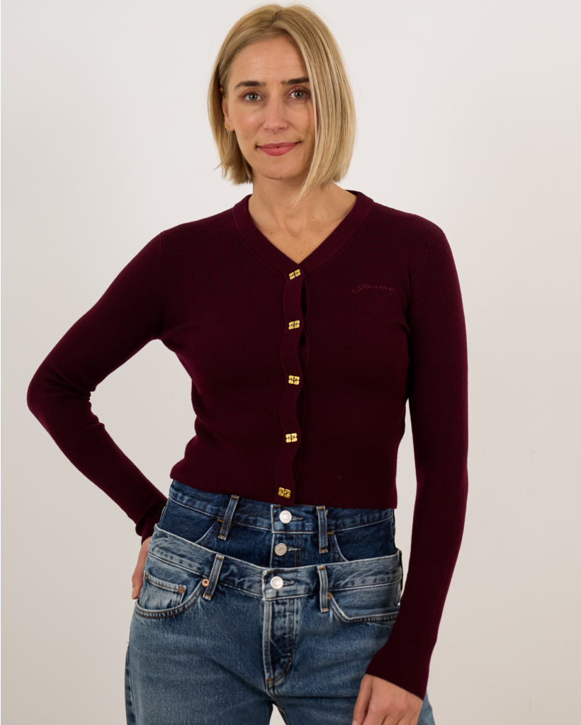 Ribbed Wool V-Neck Cardigan in Bordeaux