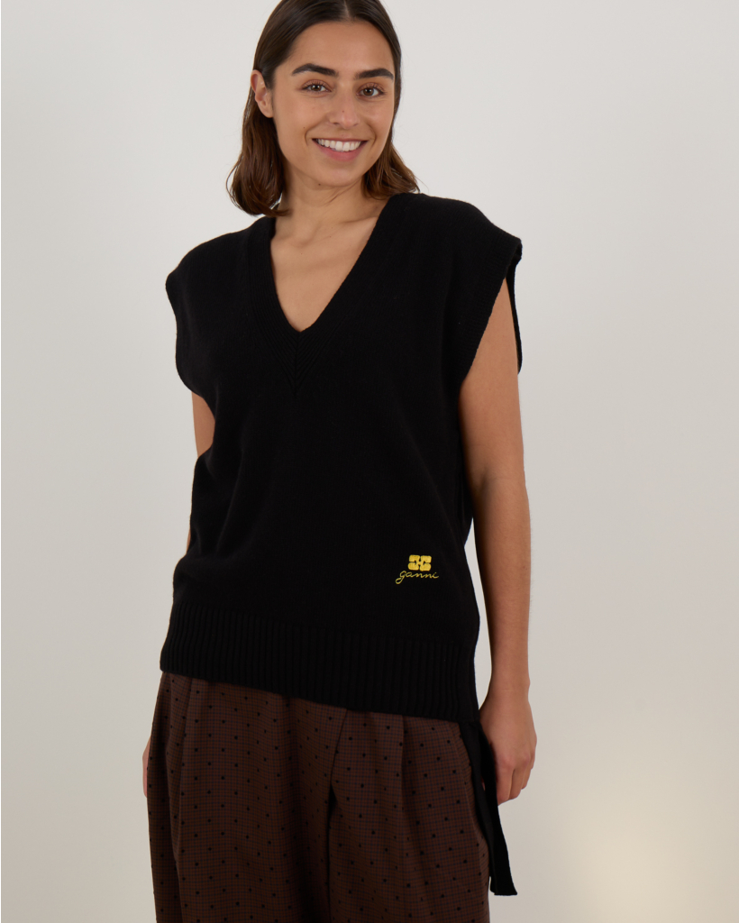 Wool Sweater Vest with Drawstrings - Black