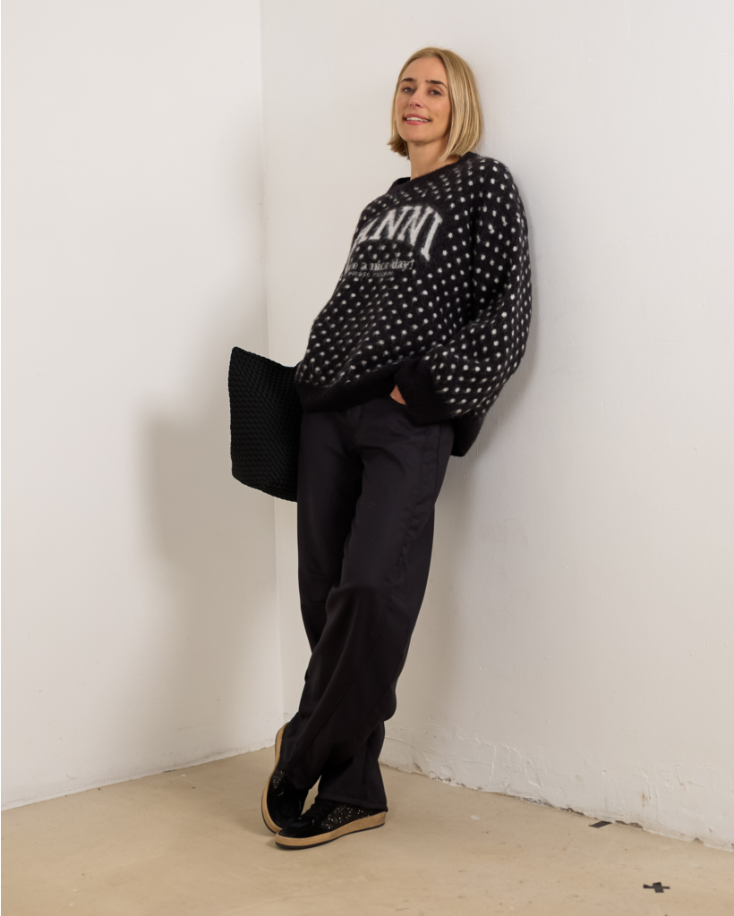 Polka brushed crew-neck sweater in black