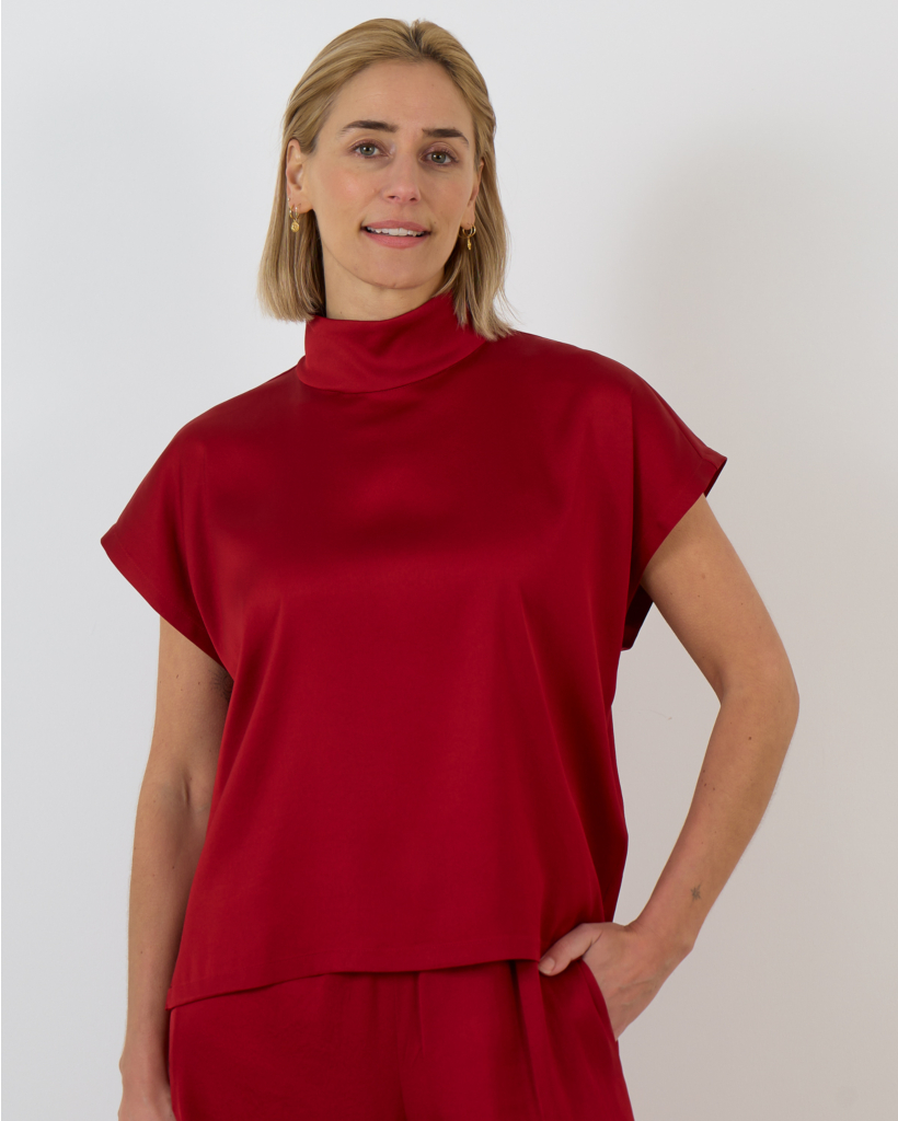 Alaria Sleeveless High-Neck Satin Blouse Red