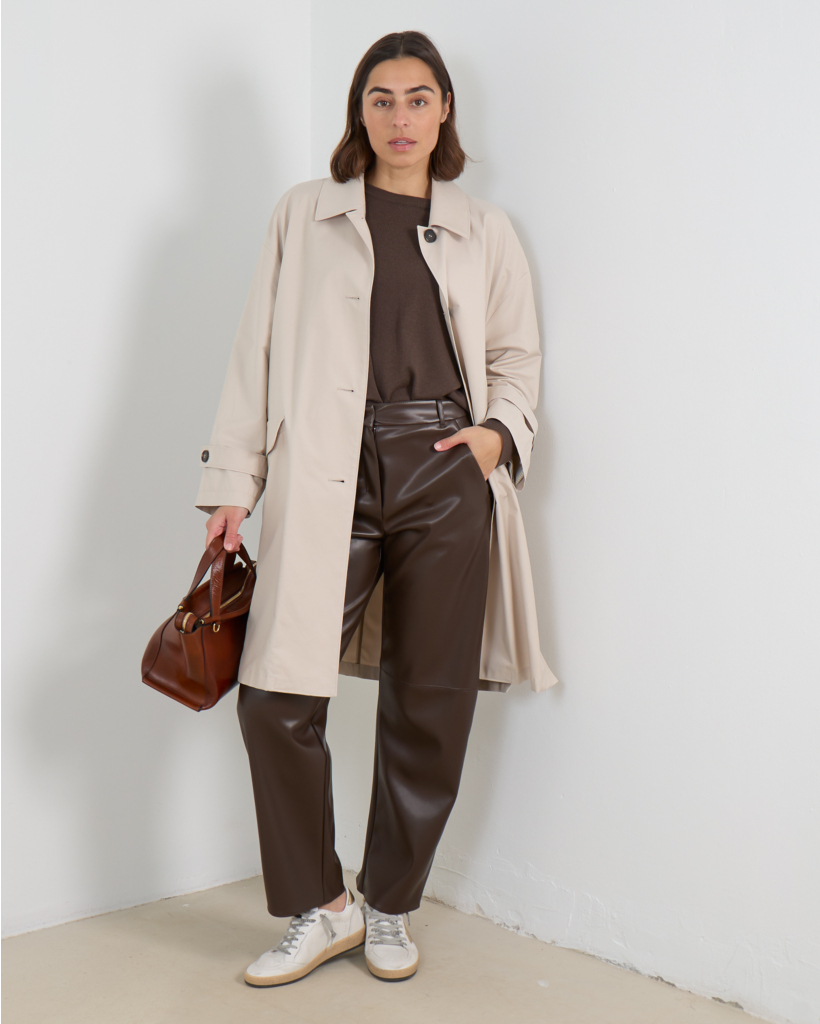 Barrel-Leg Trousers in Coated Fabric, Chocolate