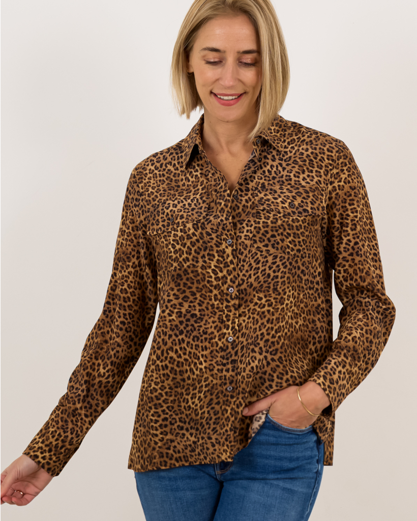 Printed silk pocket shirt in camel