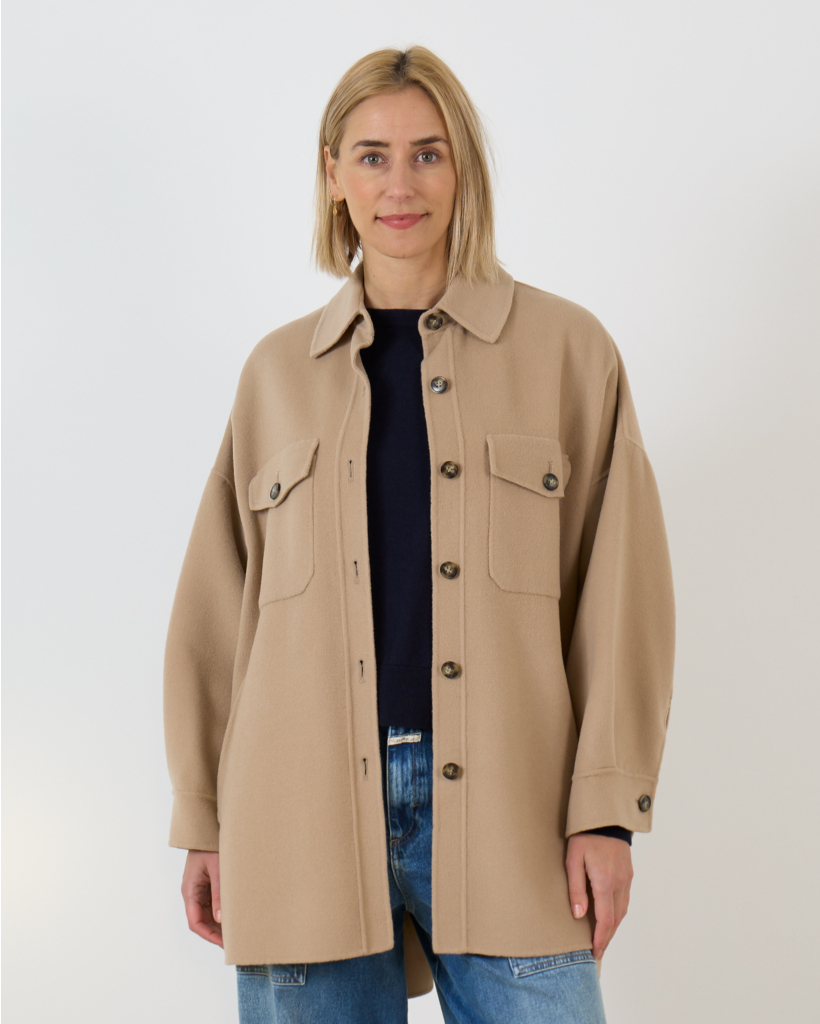 Camel Brown Wool Mid-Length Coat with Button Closure