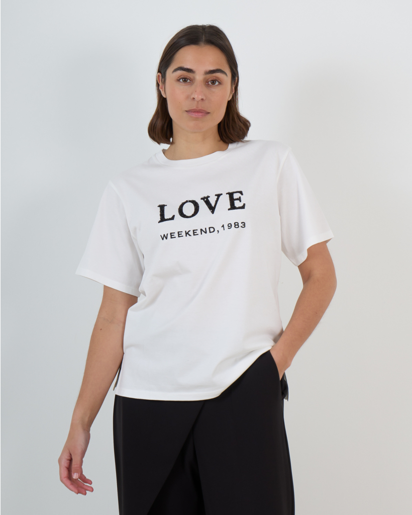 White Jersey T-shirt with Print and Sequins