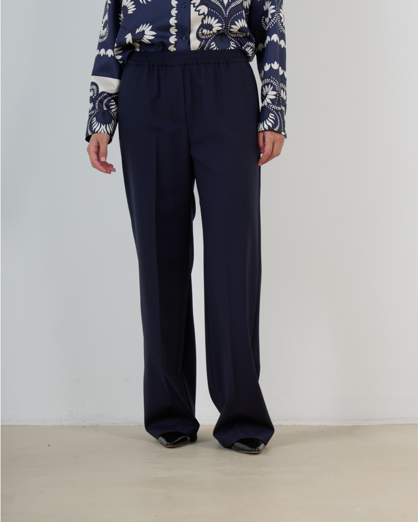 Wool Wide-Leg Trousers with Drawstring in Navy