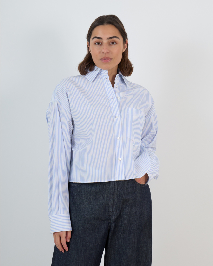 White and Blue Striped Boxy Pleated Blouse