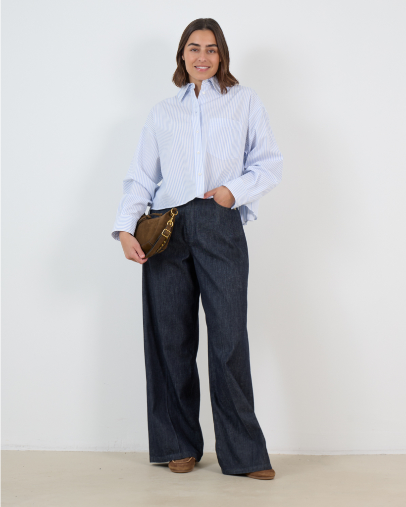 White and Blue Striped Boxy Pleated Blouse