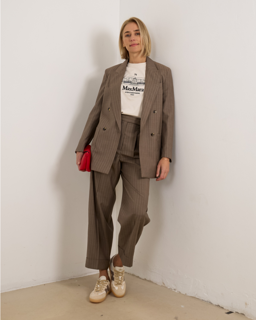Oversized pinstriped wool blazer in Hazelnut Brown
