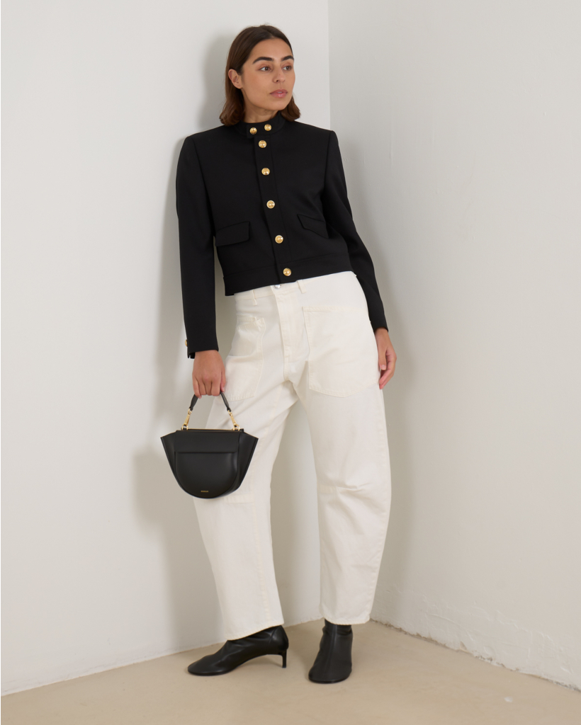 Black Wool Cropped Jacket with Gold Buttons