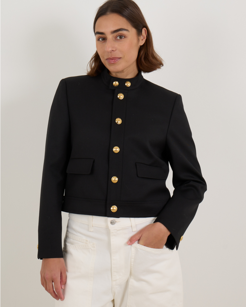 Black Wool Cropped Jacket with Gold Buttons