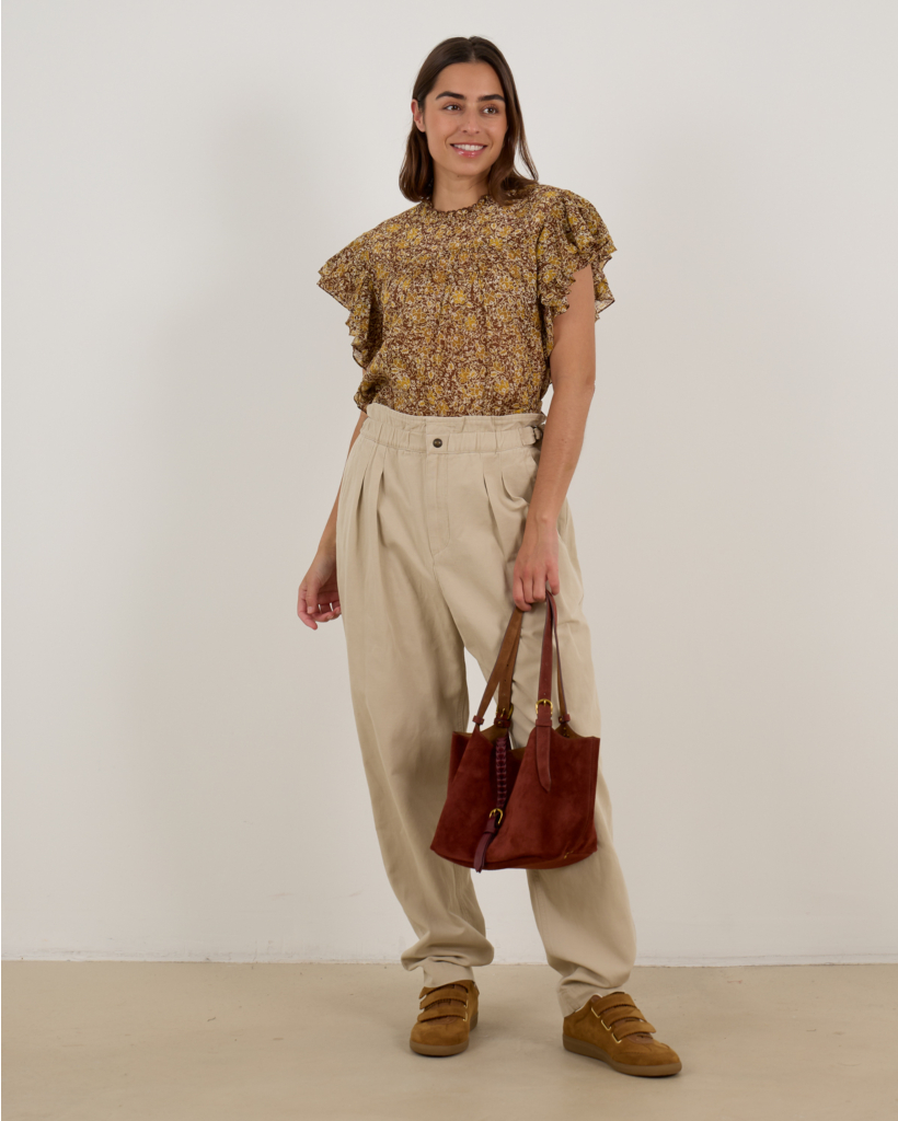 Dalyane Pleated Cotton Top with Khaki Floral Print