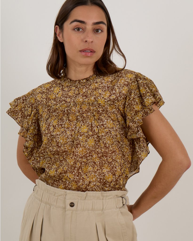 Dalyane Pleated Cotton Top with Khaki Floral Print