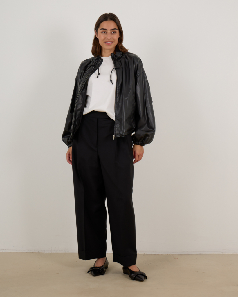 Neela Faux Leather Jacket with Drawstring Details Black