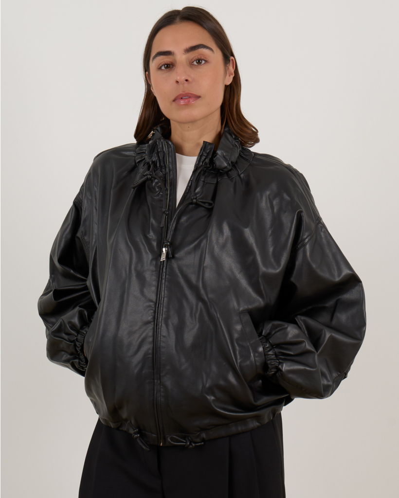 Neela Faux Leather Jacket with Drawstring Details Black