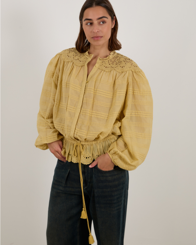 Polly Cotton Blouse with Floral Lace and Drawstring, Ochre